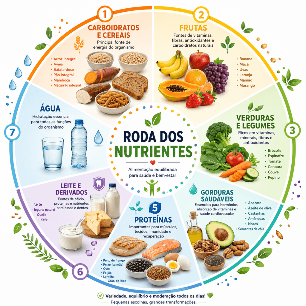 Infográfico em roda mostrando macronutrientes e micronutrientes com exemplos de alimentos