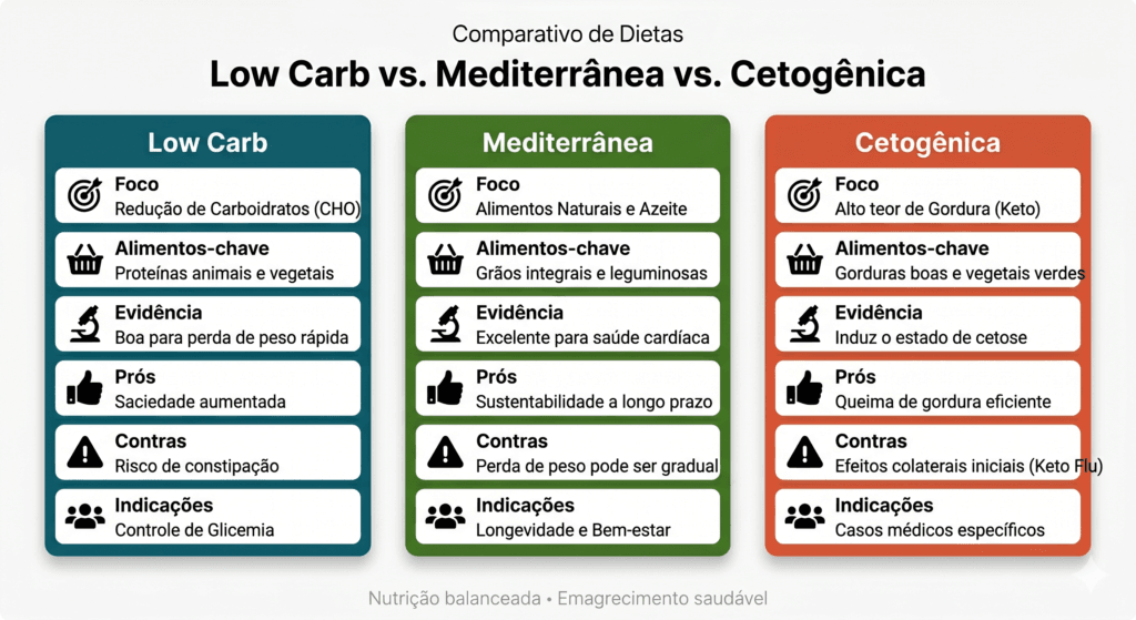 Quadro comparativo — Low Carb vs. Mediterrânea vs. Cetogênica